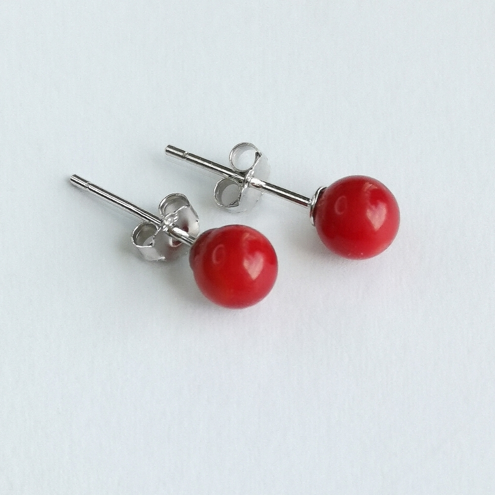 NEW Red Sponge Coral ball stud earrings Sterling Silver post 6mm